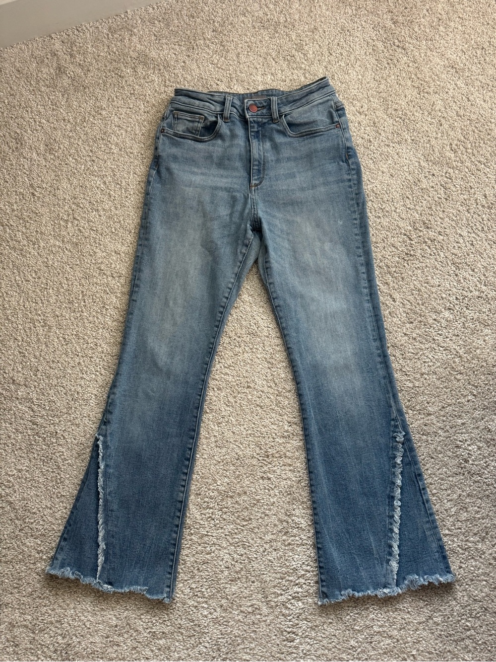 DL1961 Light Blue Flare Jeans with Frayed Side Slits